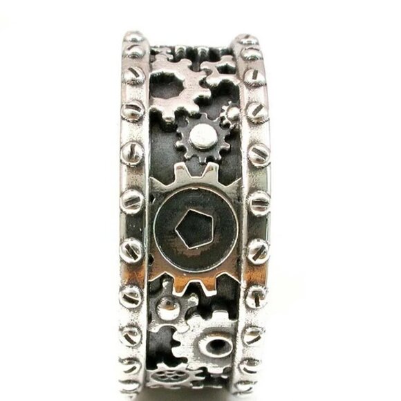 925 Silver Mechanical Gear and Rivet Detail Ring #805 (Men's or Women's) - Picture 6 of 12